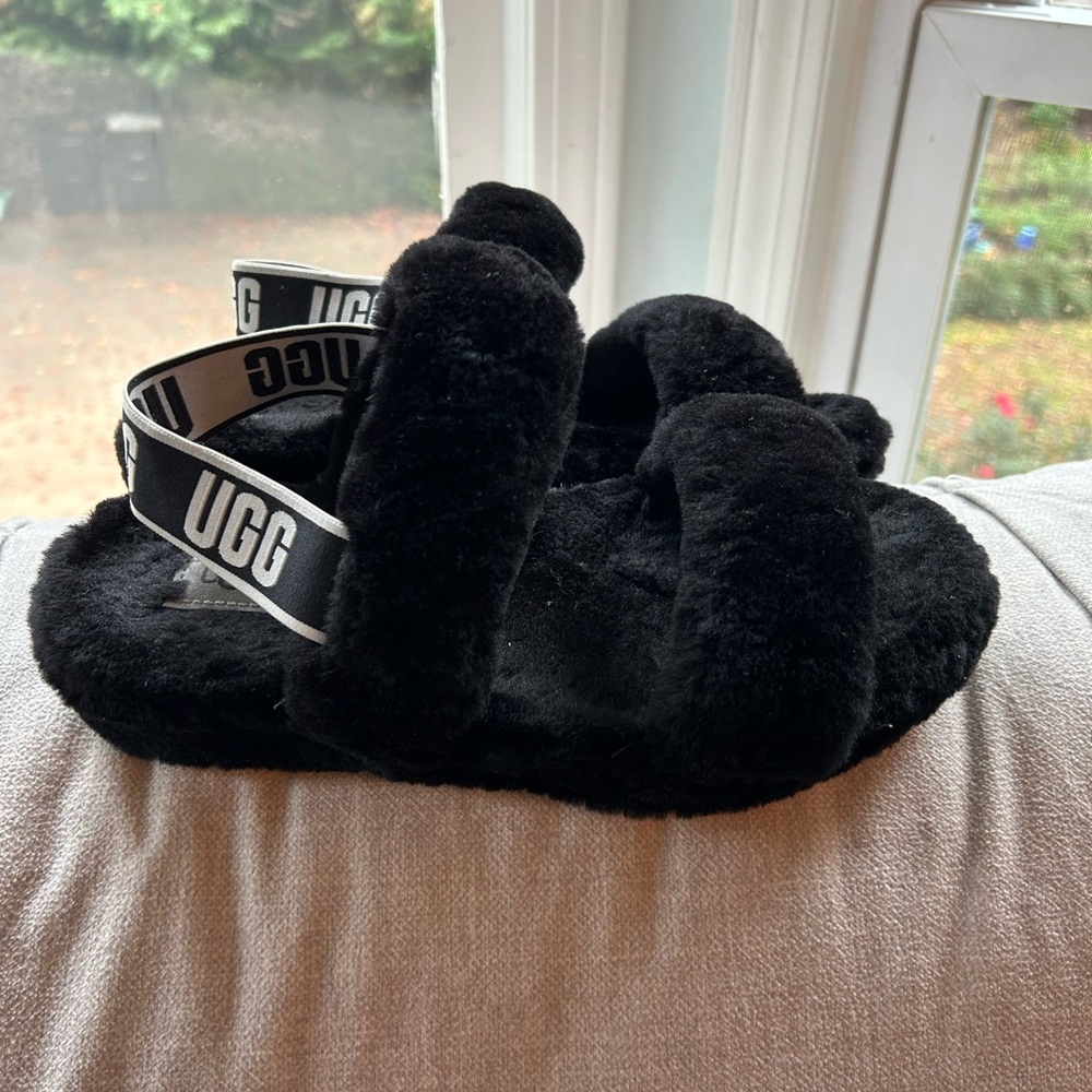 UGG Black Fluffy Slides with Branded Straps